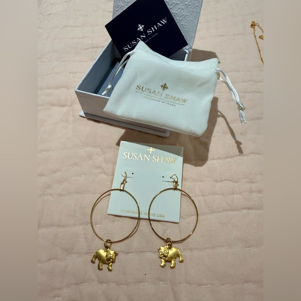 Susan Shaw 24k gold Bulldog Gold Hoop Earrings with Charms UGA Georgia Bulldogs